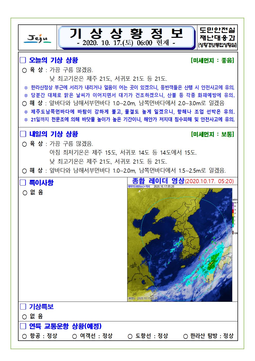 기상상황 2020. 10. 17. 토요일