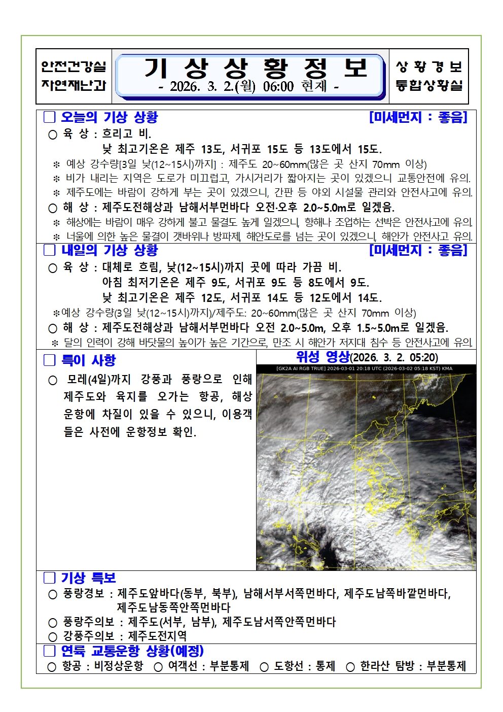 기상상황 2026. 3. 2. 월요일 