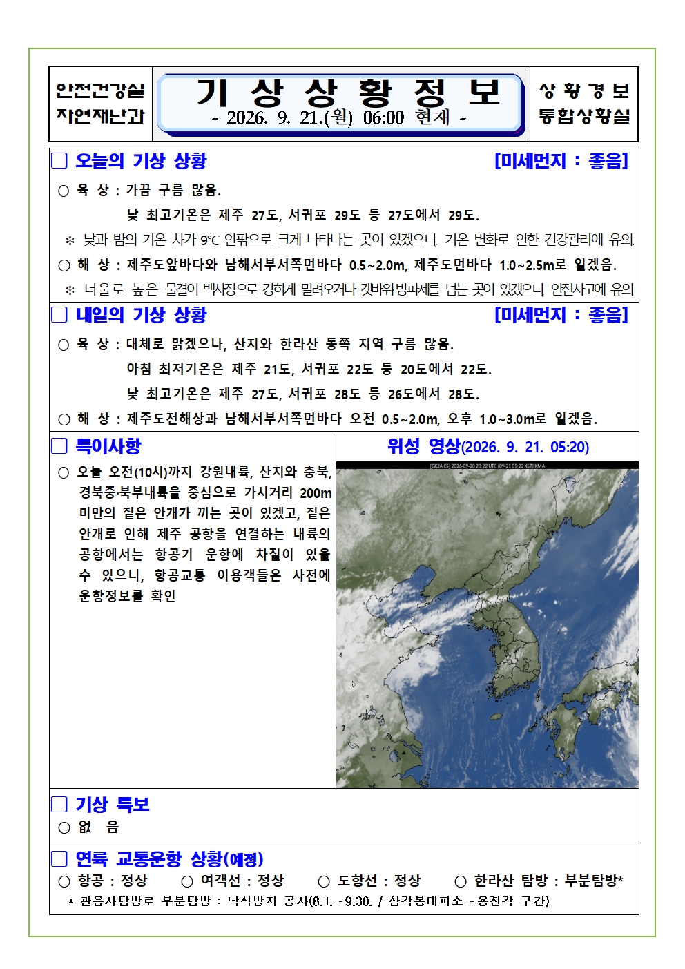 기상상황 2026.09.21. 월요일 
