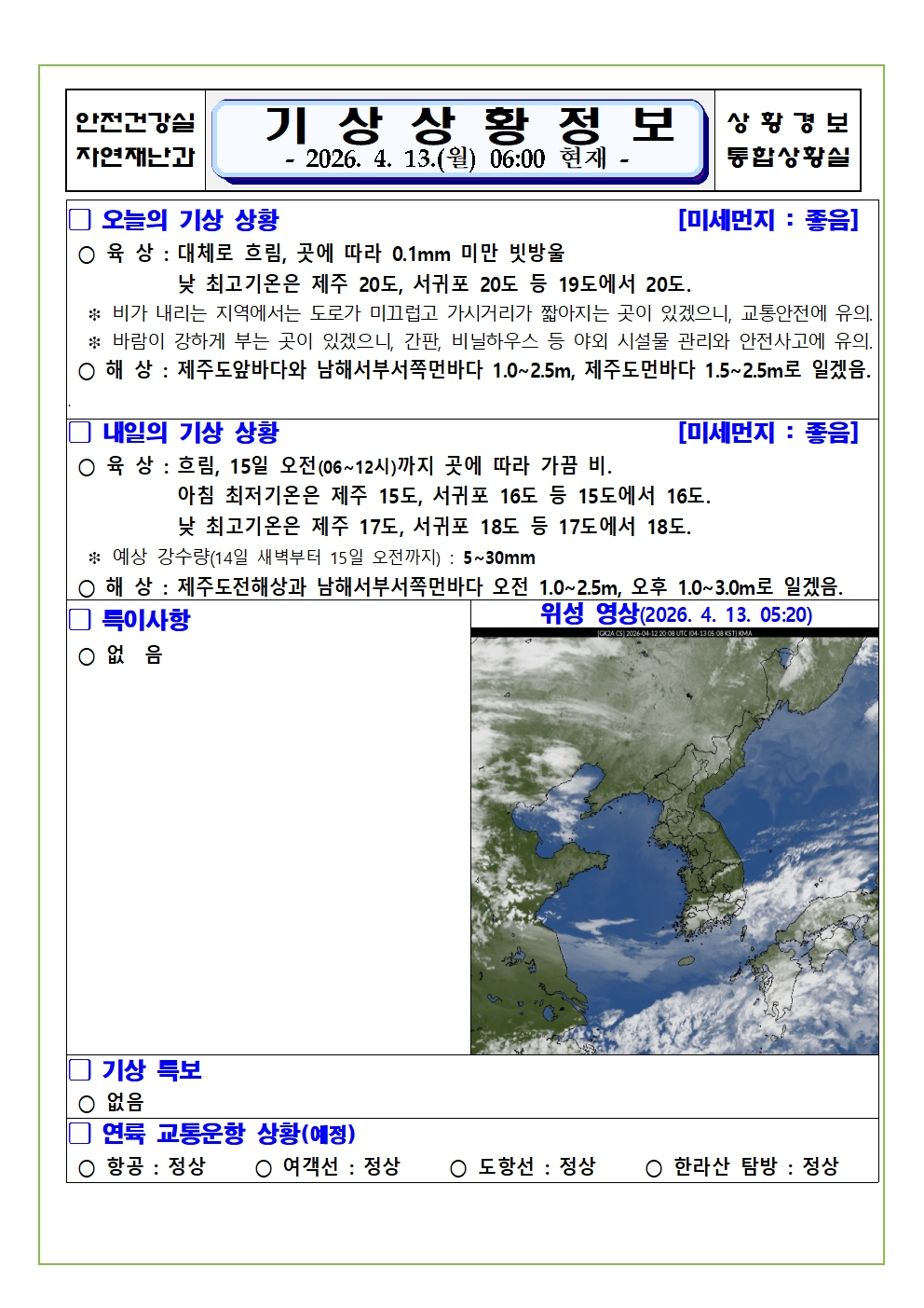 기상상황 2026. 4. 13. 월요일 