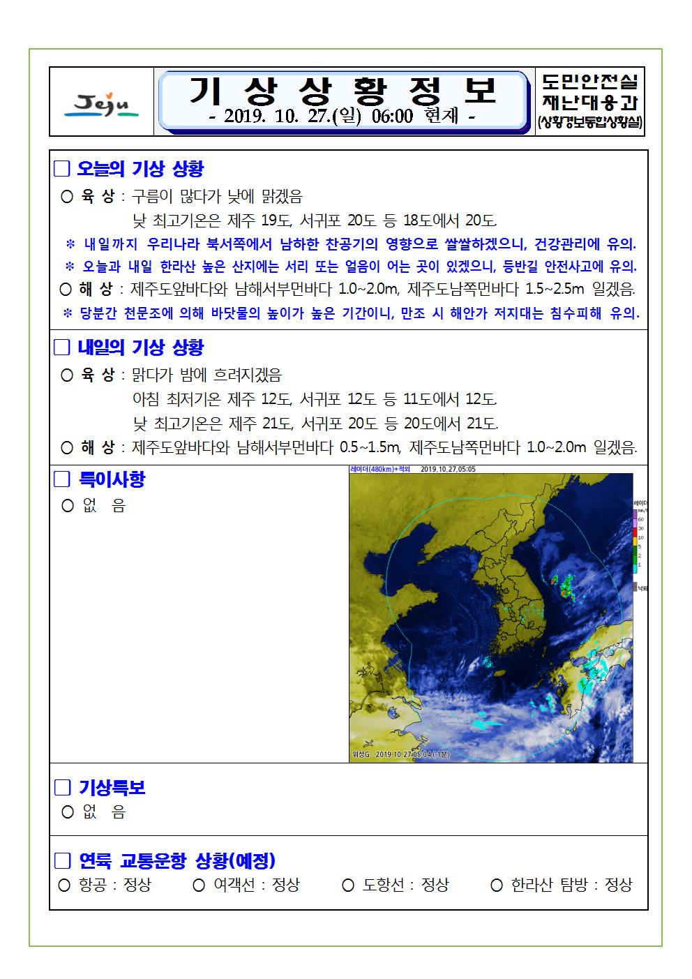 기상상황 정보 2019.10.27. 일요일