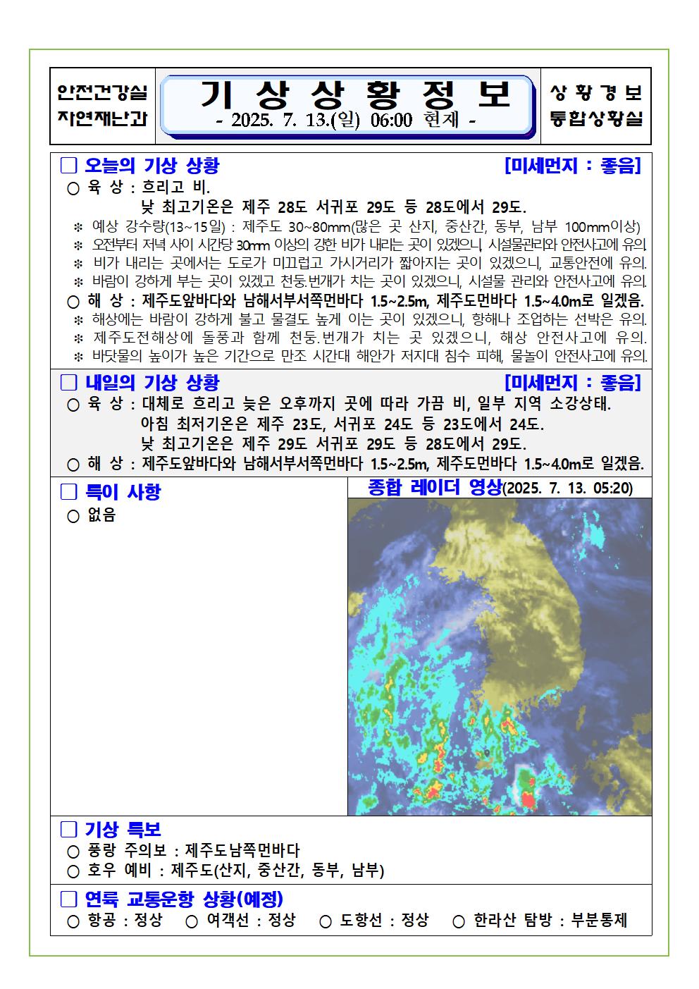 기상상황 2025. 7. 13. 일요일