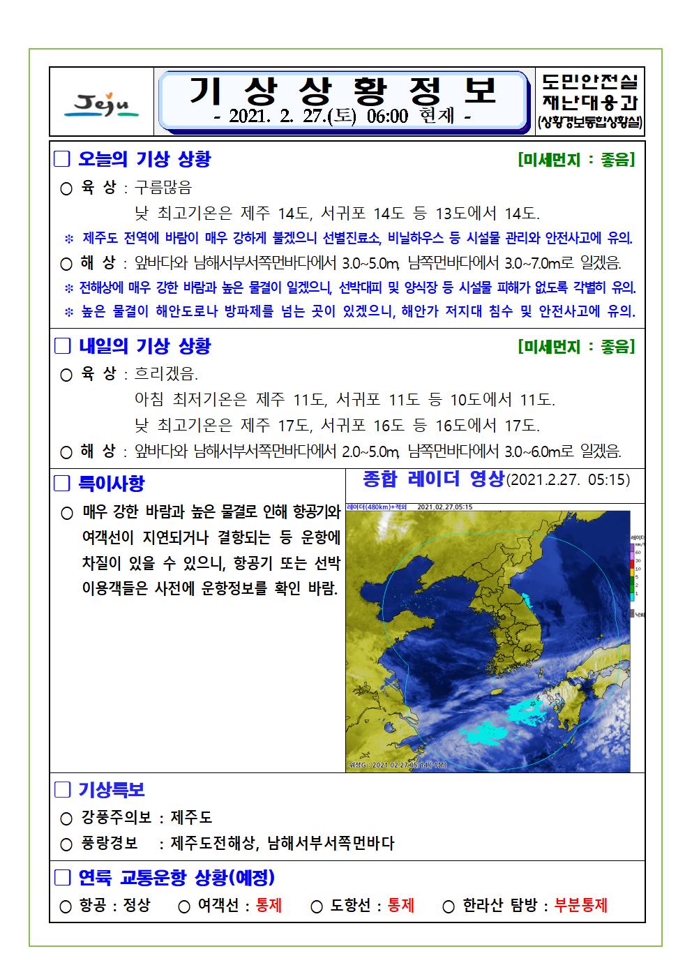 기상상황 2021. 02. 27. 토요일 