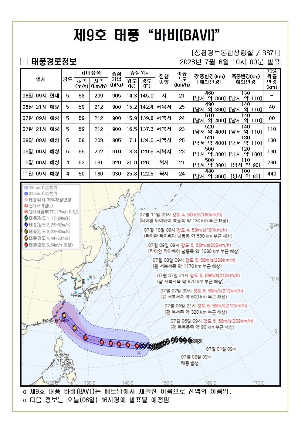 제9호 태풍 바비 예상진로도 2026. 07. 06. 10시00분 
