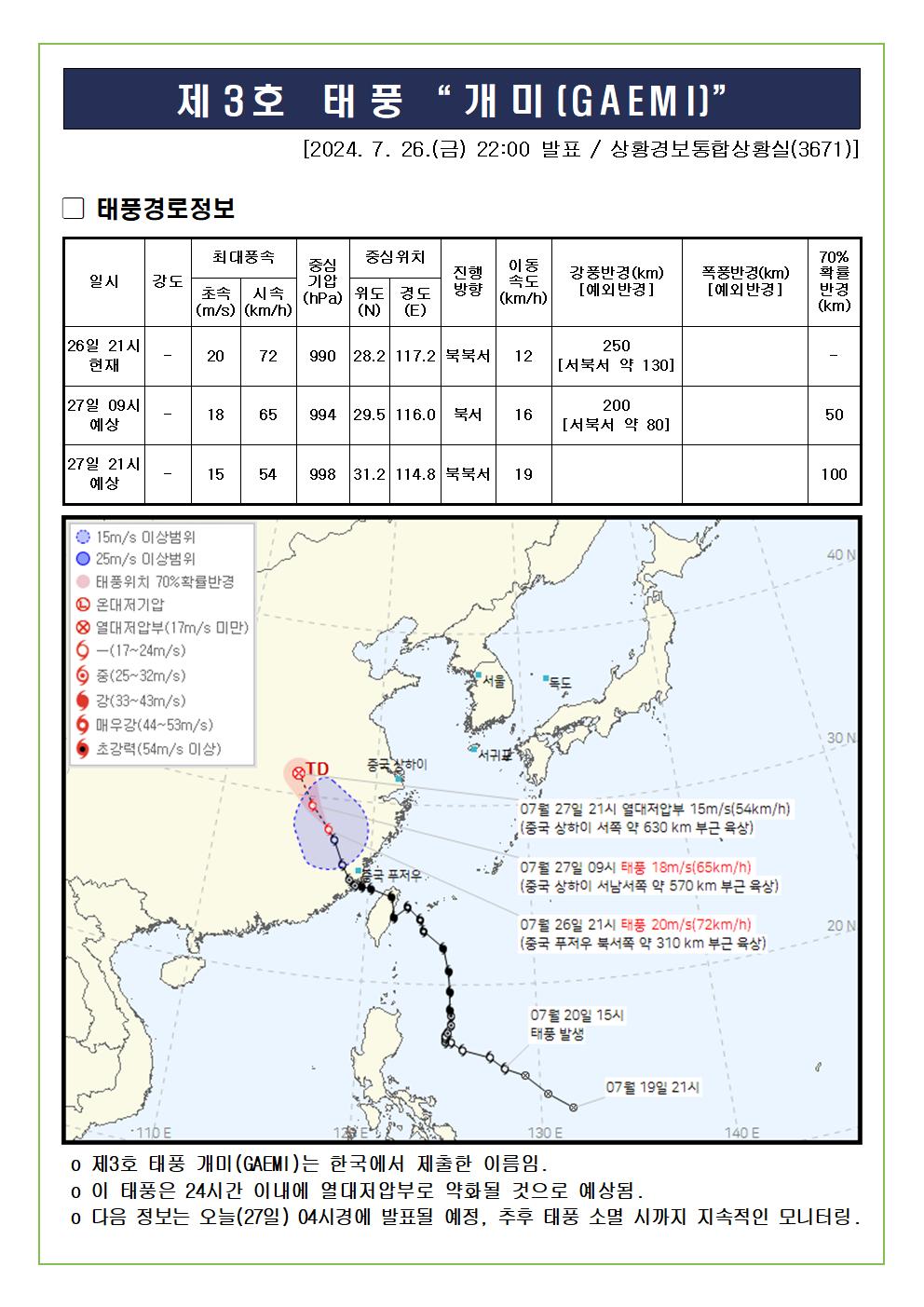 제3호 태풍 개미 예상진로도 2024. 7. 26. 22시00분 발표 