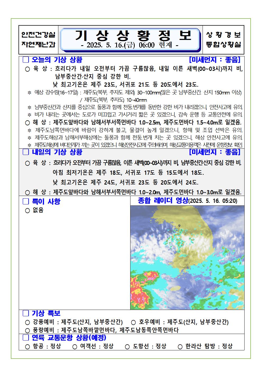 기상상황 2025. 5. 16. 금요일