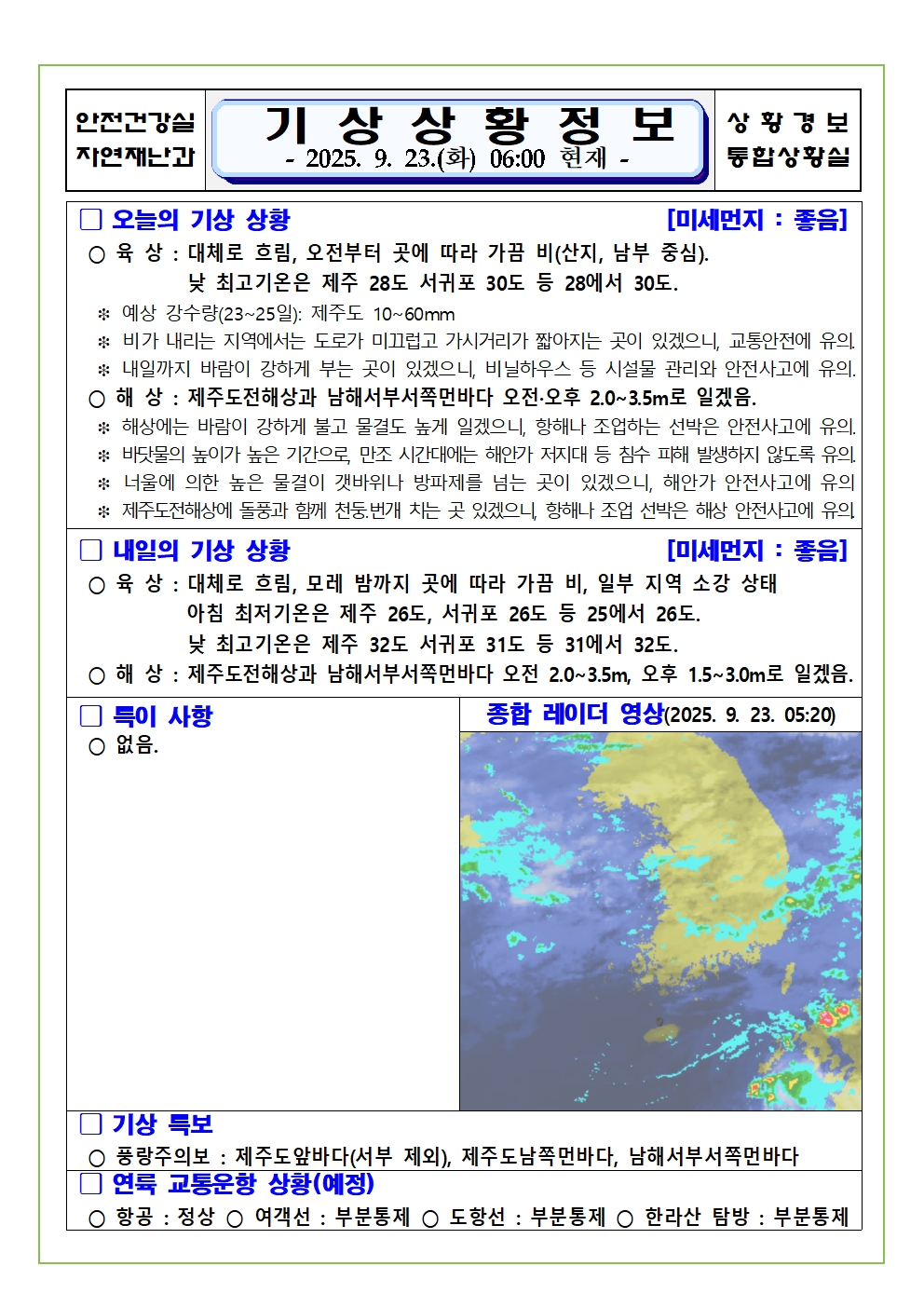 기상상황 2025. 9. 23. 화요일