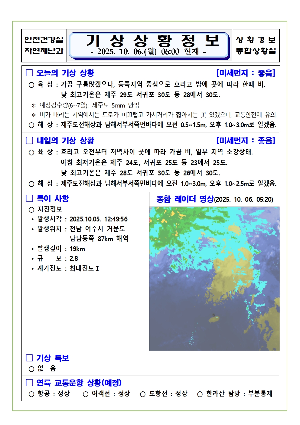 기상상황 2025. 10. 6. 월요일