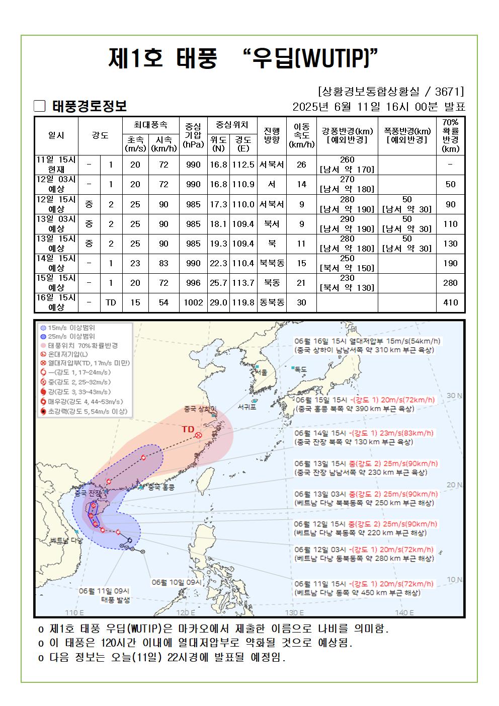 제1호 태풍 우딥 예상진로도 2025. 06. 11. 16시00분 발표 