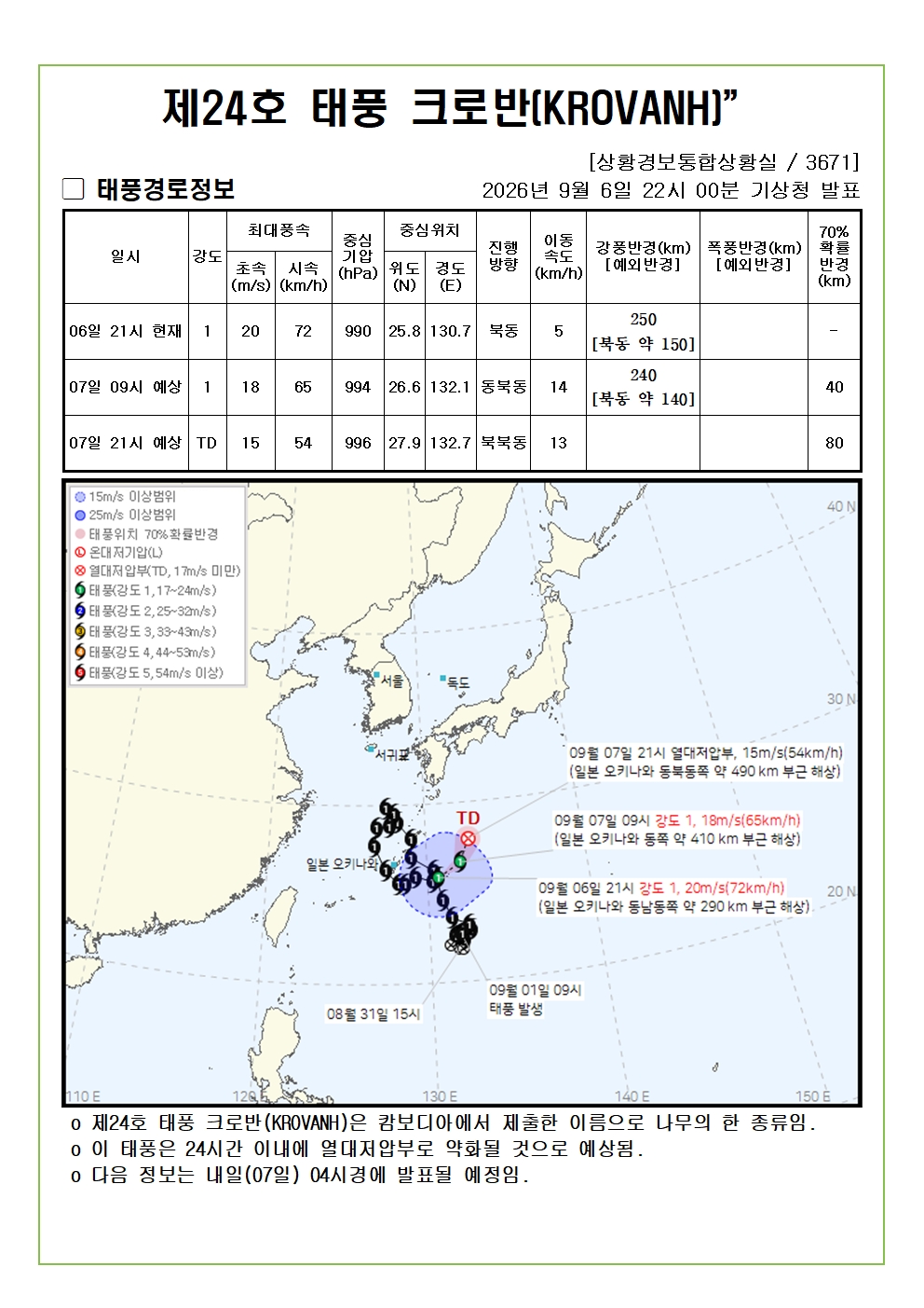 제24호 태풍 크로반 예상진로도 2026. 09. 06. 22시00분