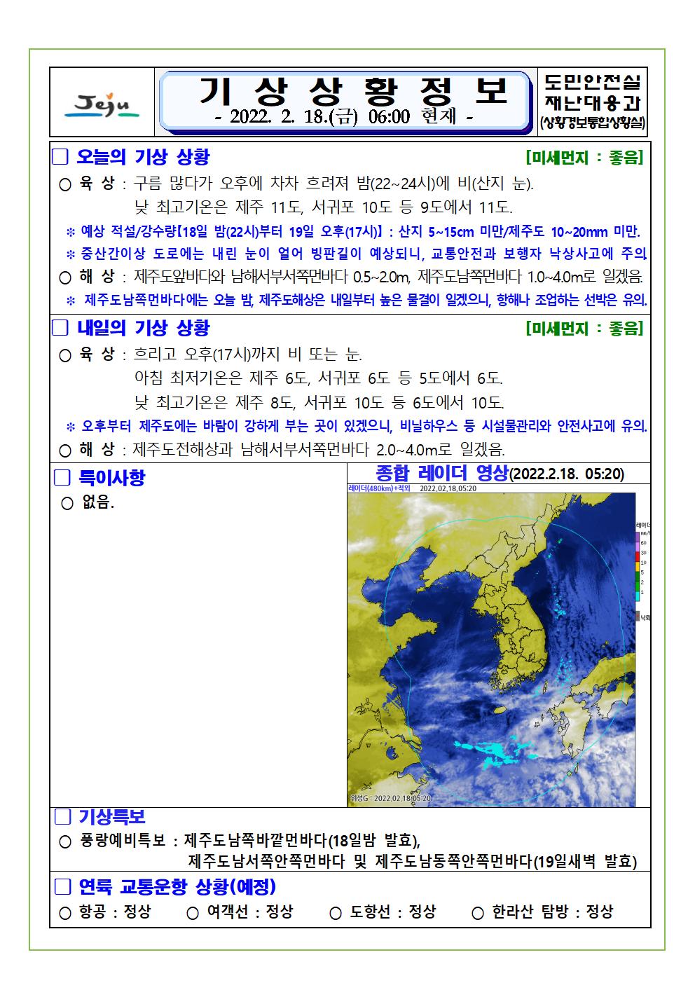 기상상황 2022.02.18. 금요일 