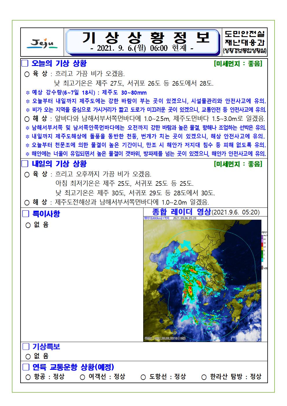 기상상황 2021.9.6. 월요일 