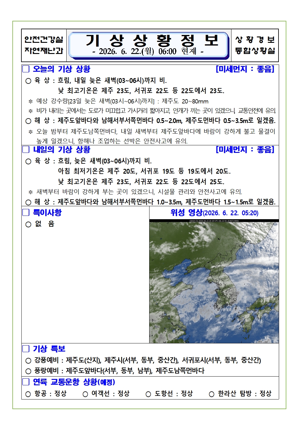 기상상황 2026. 6. 22. 월요일