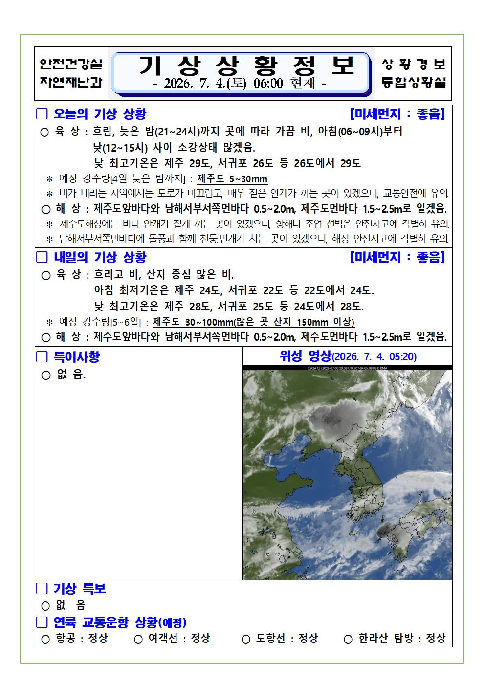 기상상황 2026. 7. 4. 토요일 