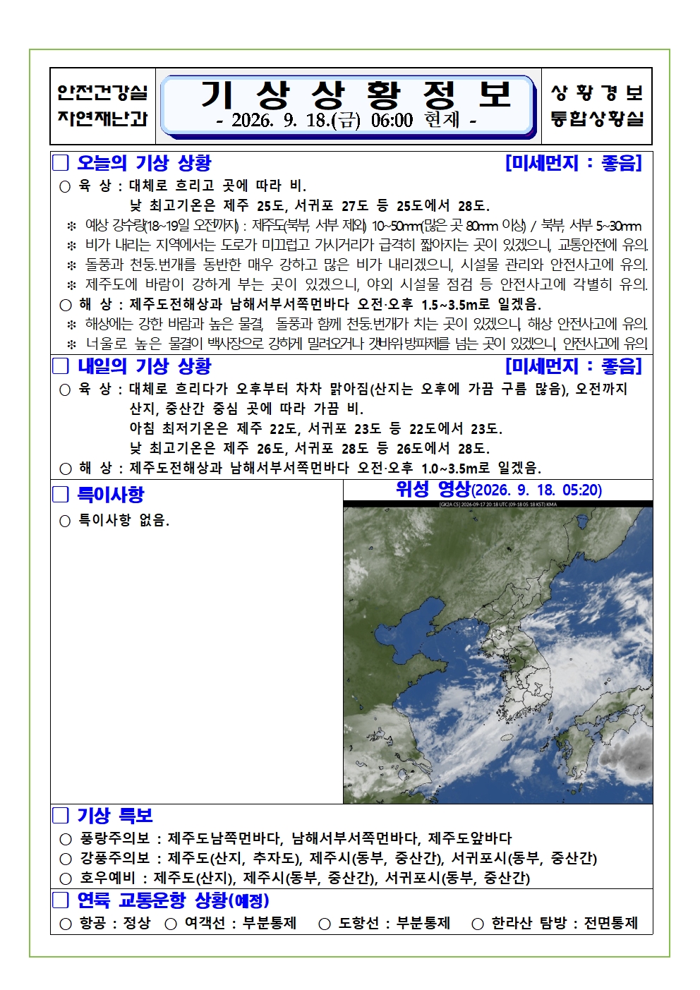 기상상황 2026.09.18. 금요일 