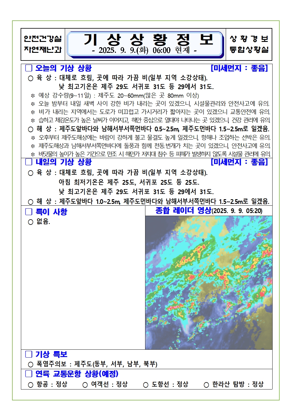 기상상황 2025. 9. 9. 화요일 
