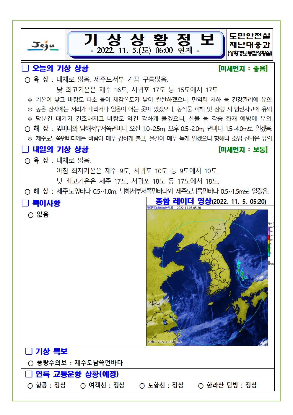 기상상황 2022.11.05. 토요일