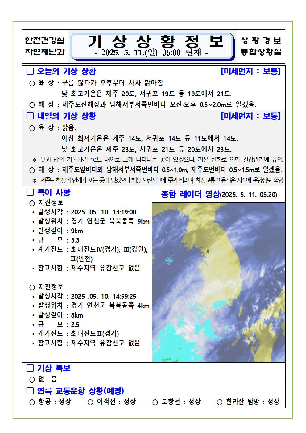 기상상황 2025. 5. 11. 일요일