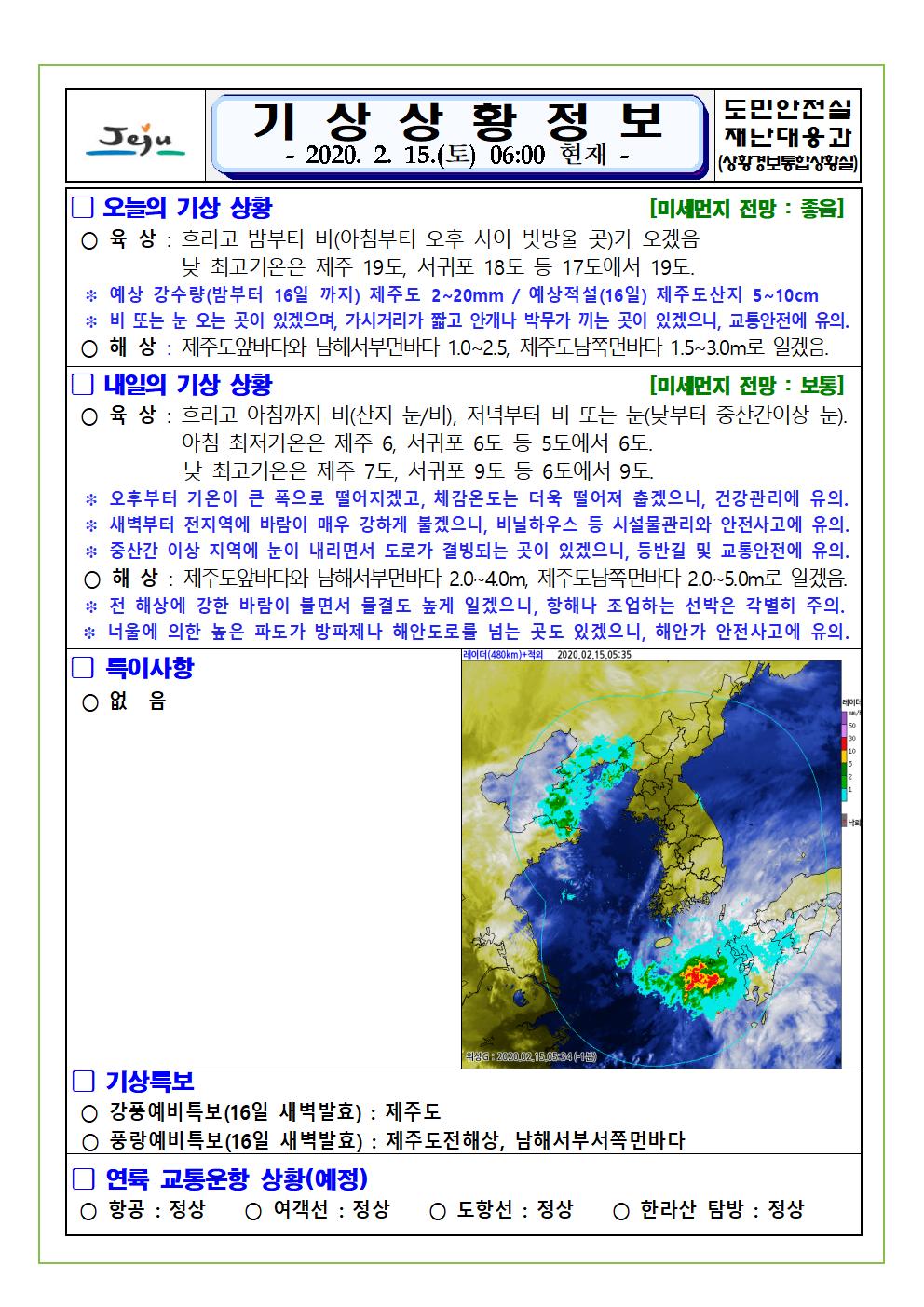 기상상황 2020. 2. 15. 토요일 