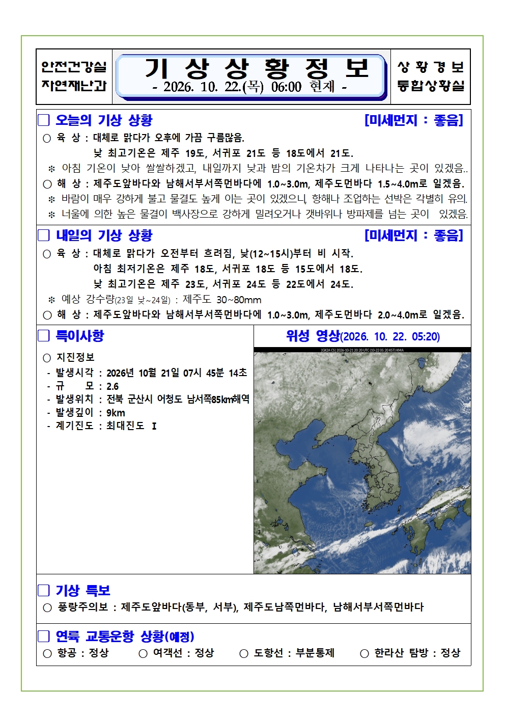 기상상황 2026.10.22. 목요일