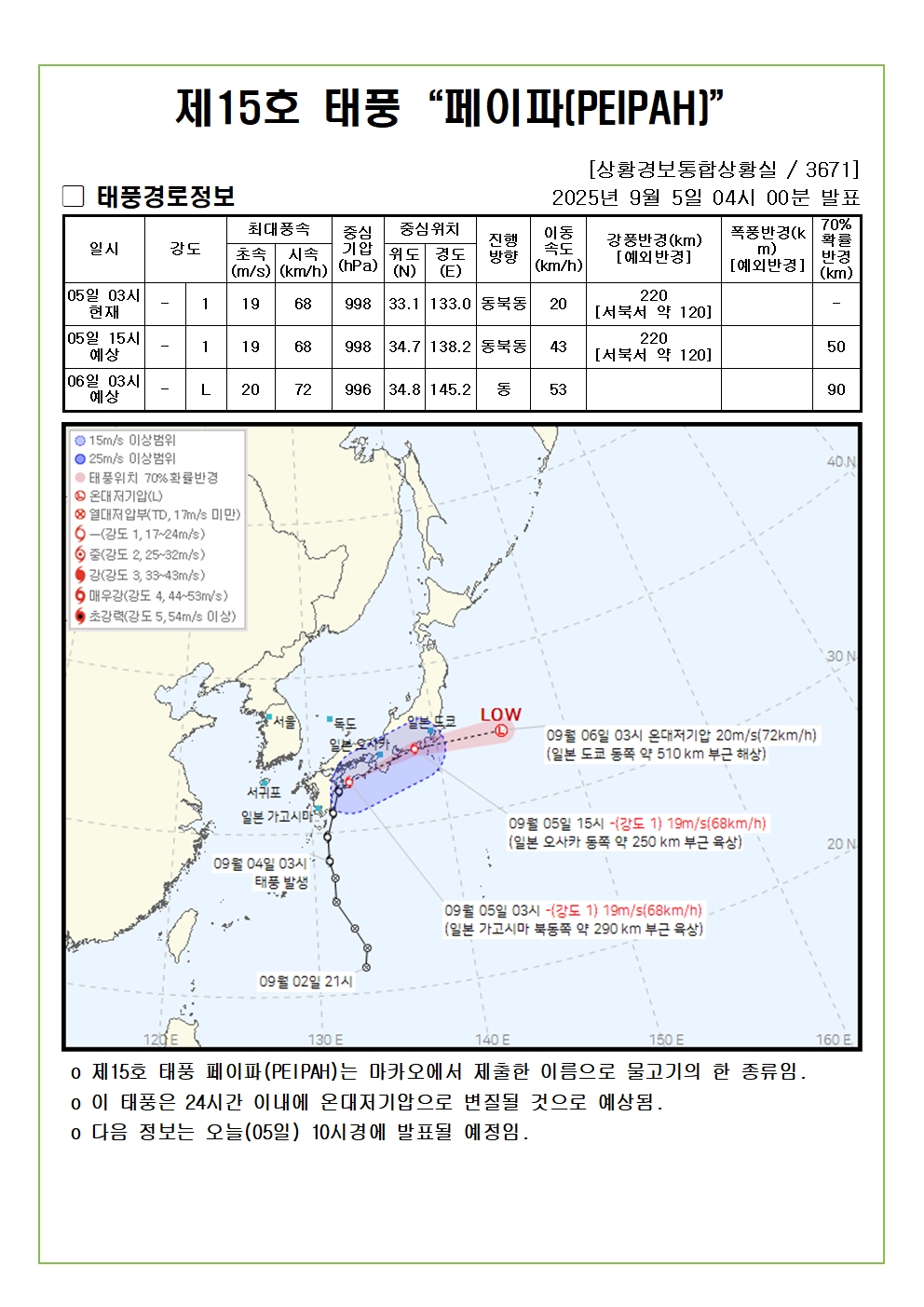 제15호 태풍 페이파 예상진로도 2025. 09. 05. 04시00분 발표