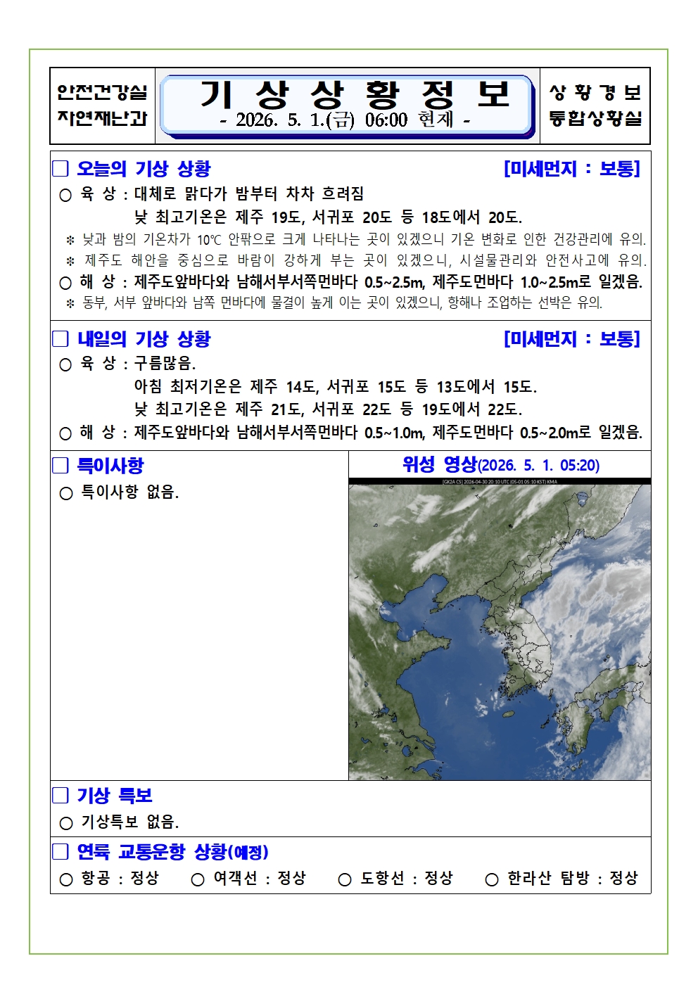 기상상황 2026. 5. 1. 금요일 