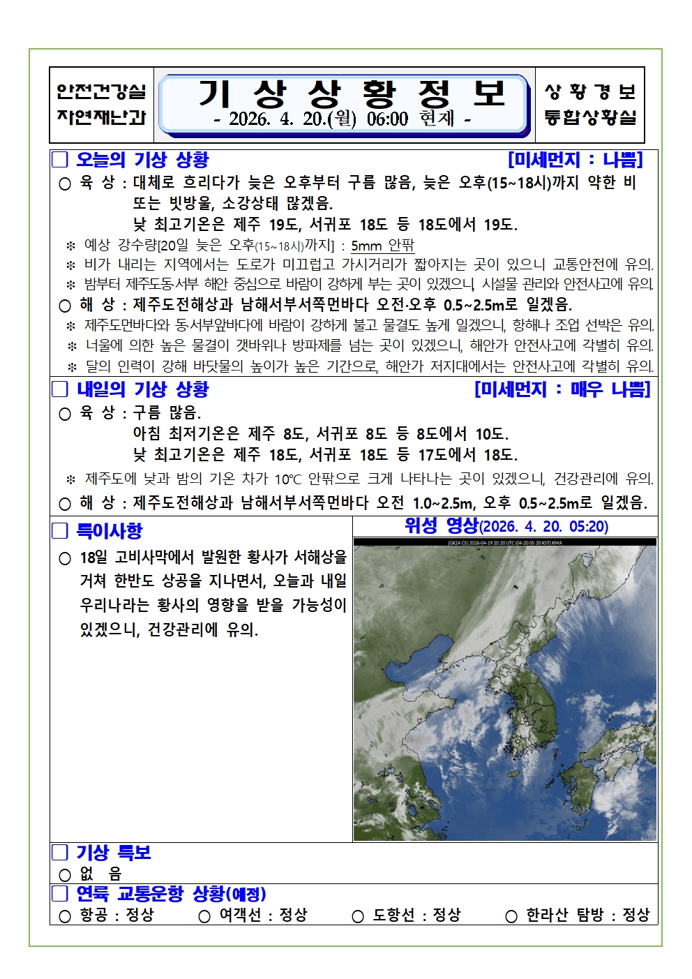 기상상황 2026. 4. 20. 월요일