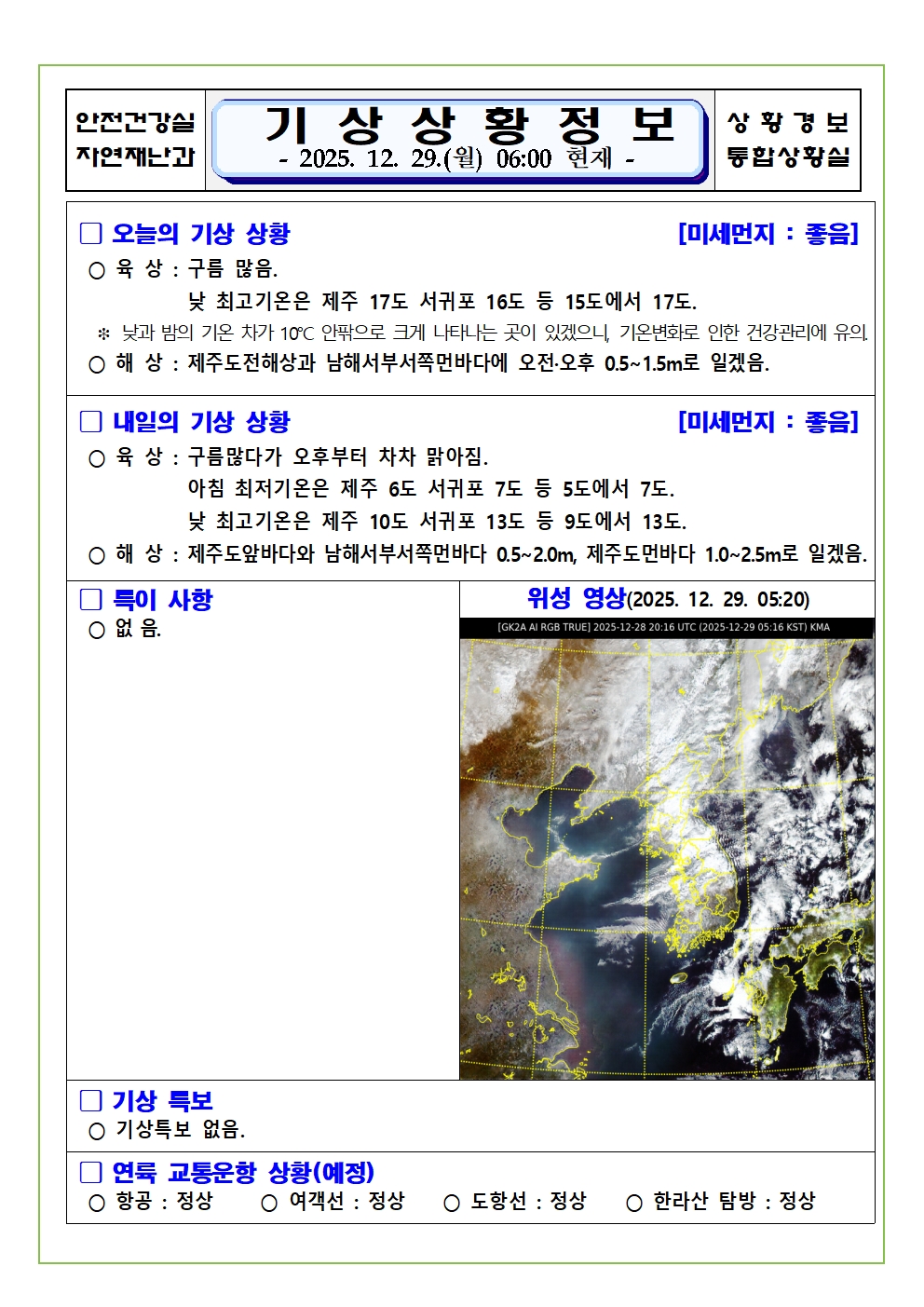기상상황 2025. 12. 29. 월요일