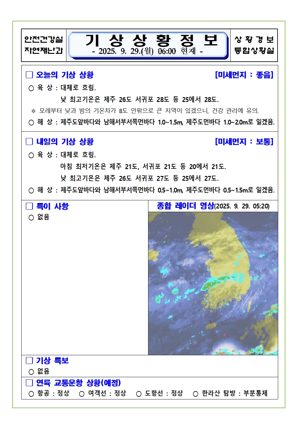 기상상황 2025. 9. 29. 월요일
