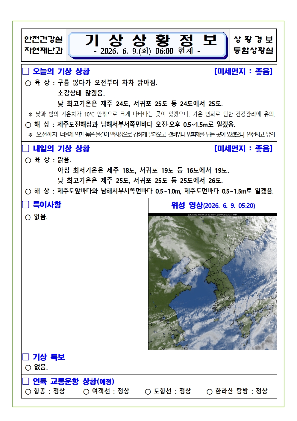 기상상황 2026. 6. 9. 화요일