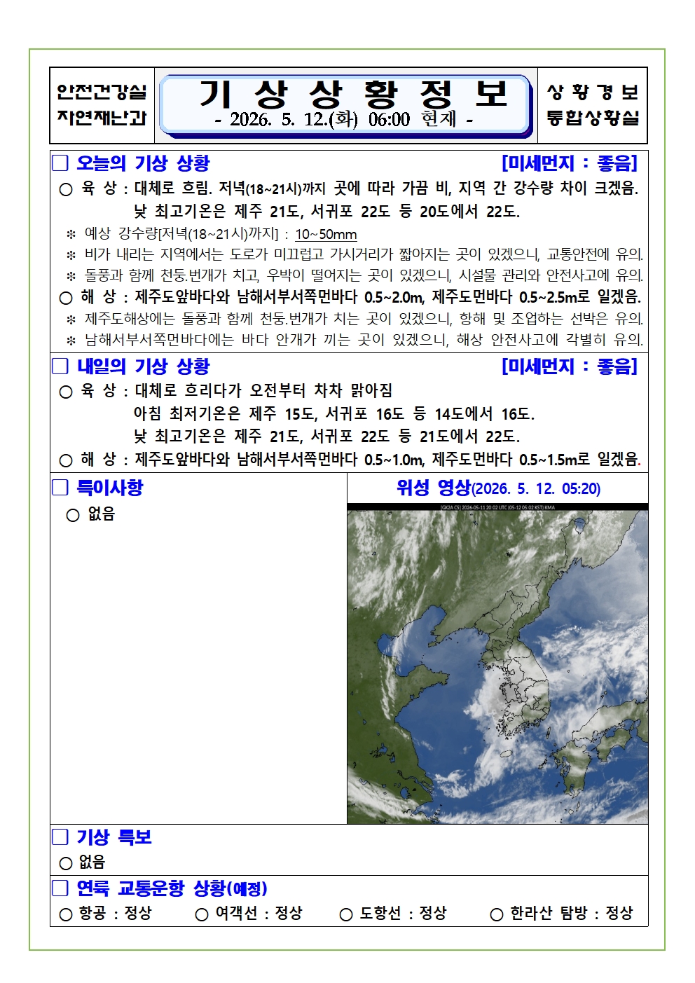 기상상황 2026. 5. 12. 화요일 