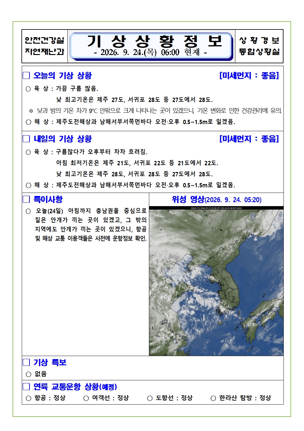 기상상황 2026.09.24. 목요일 