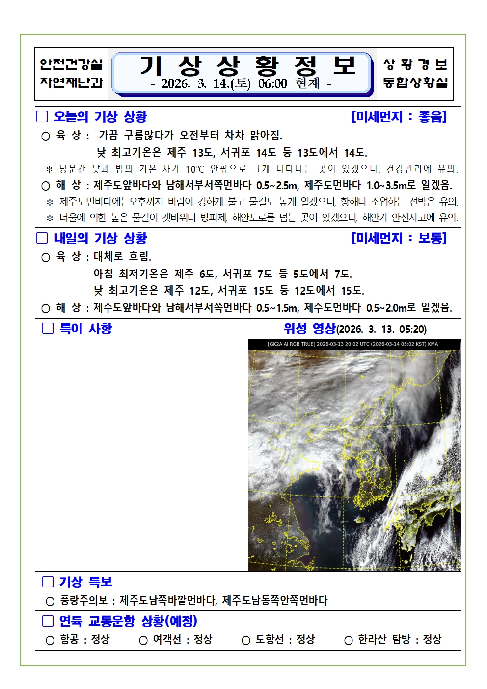 기상상황 2026. 3. 14. 토요일 