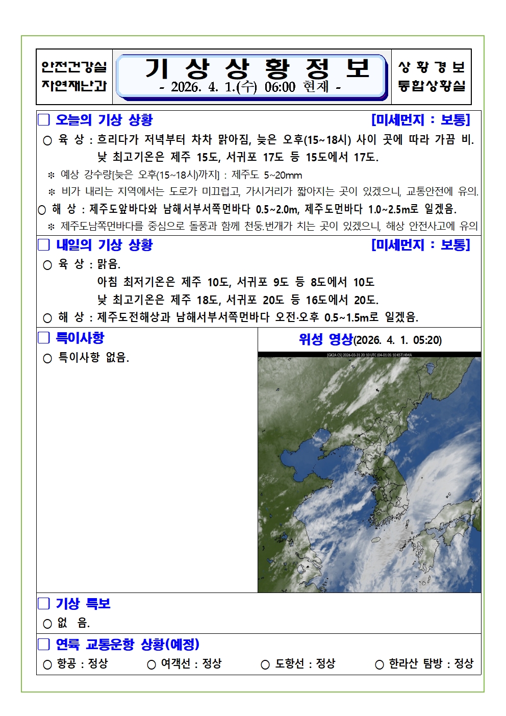 기상상황 2026. 4. 1. 수요일 