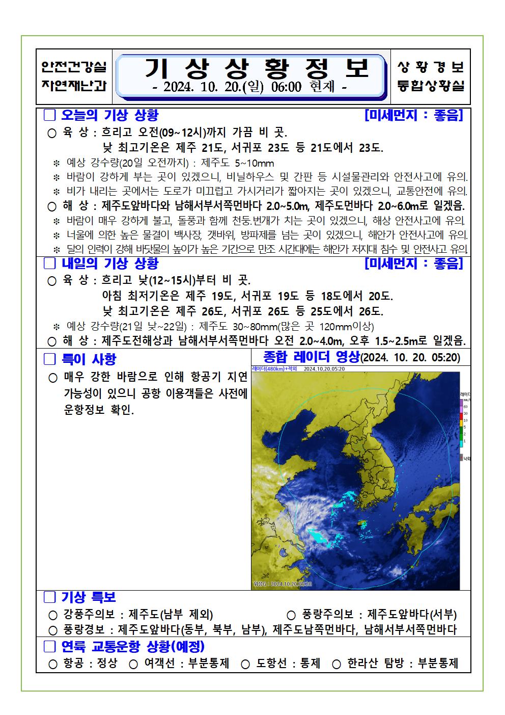 기상상황 2024. 10. 20. 일요일