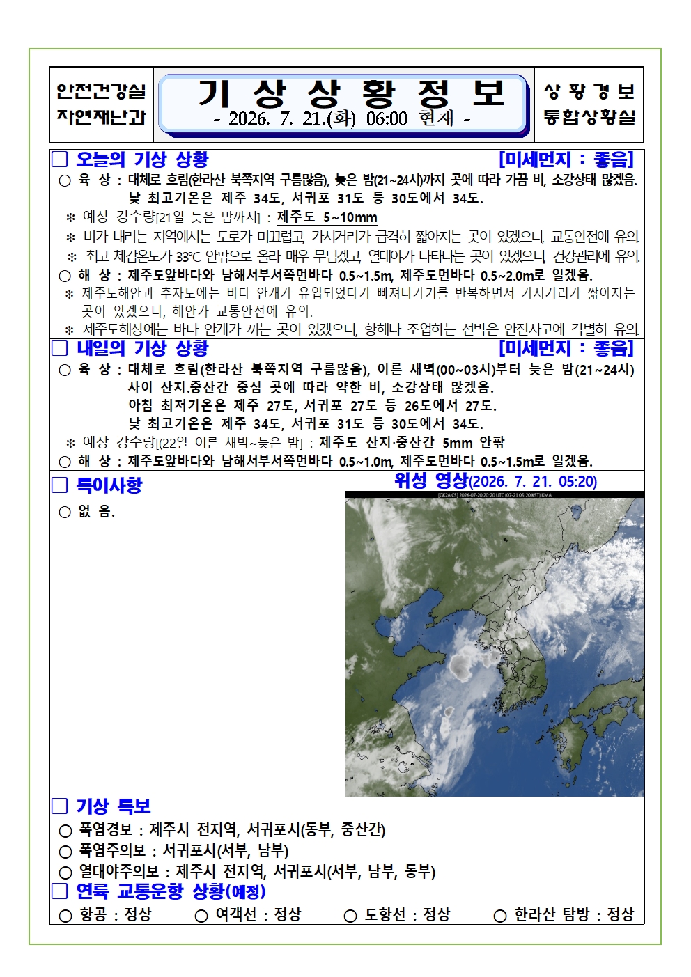 기상상황 2026. 7. 21. 화요일