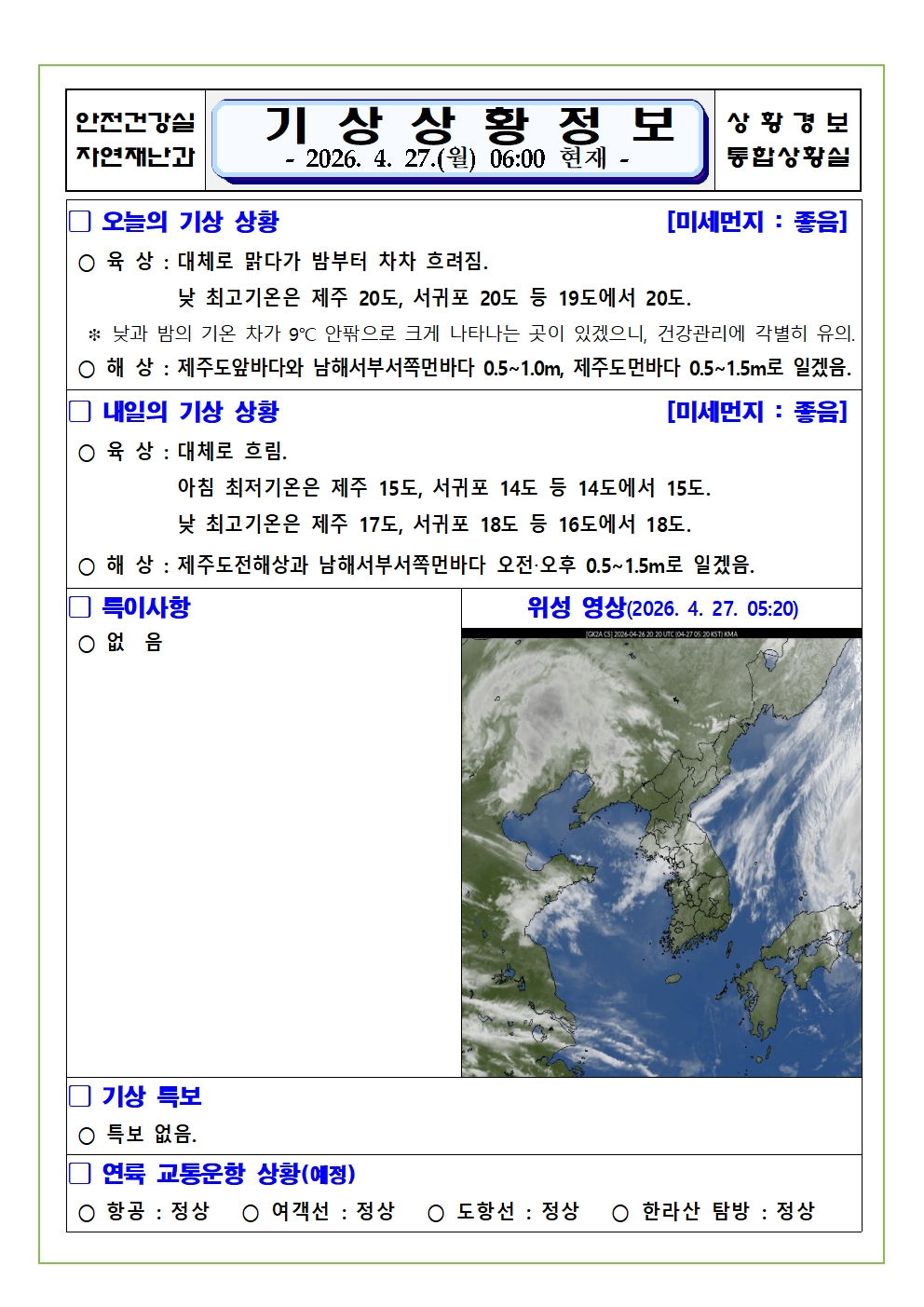 기상상황 2026. 4. 27. 월요일