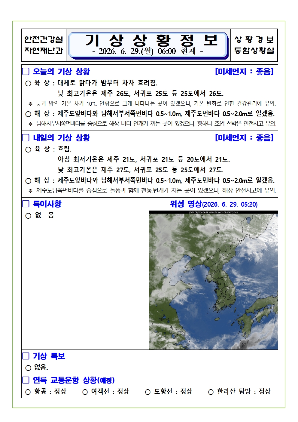 기상상황 2026. 6. 29. 월요일 