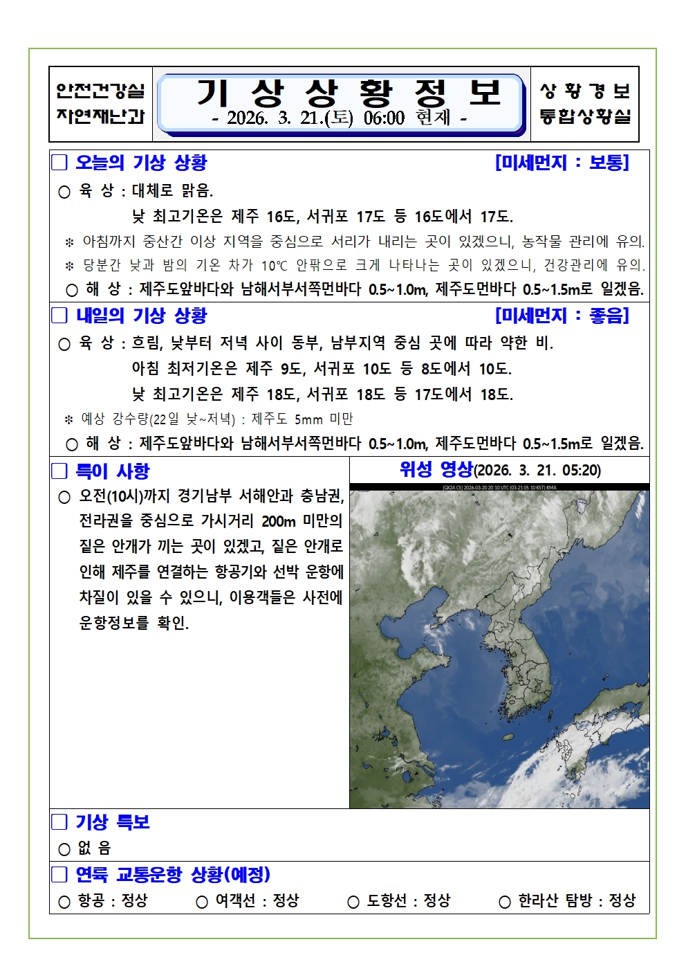 기상상황 2026. 3. 21. 토요일 