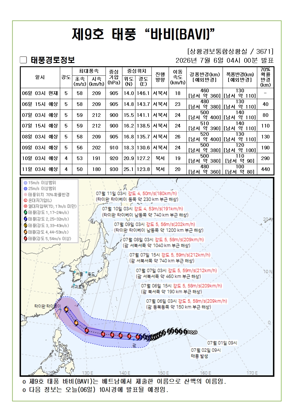 제9호 태풍 바비 예상진로도 2026. 07. 06. 04시00분