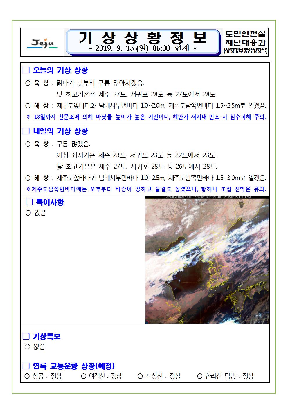 기상상황 정보 2019.9.15. 일요일 