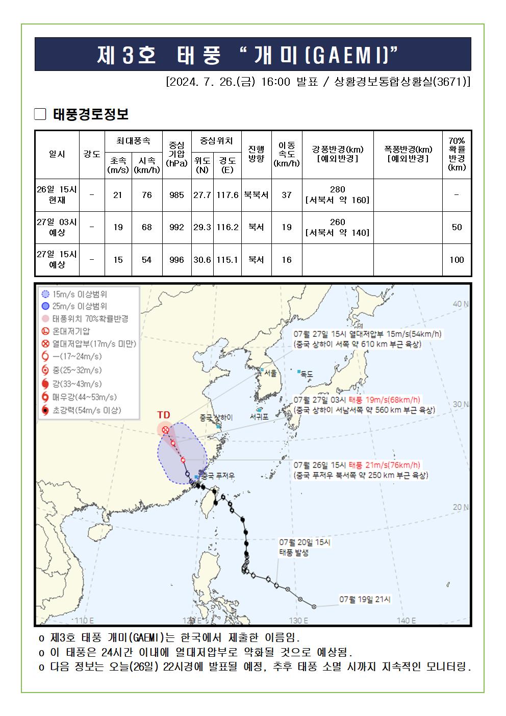 제3호 태풍 개미 예상진로도 2024. 7. 26. 16시00분 발표 
