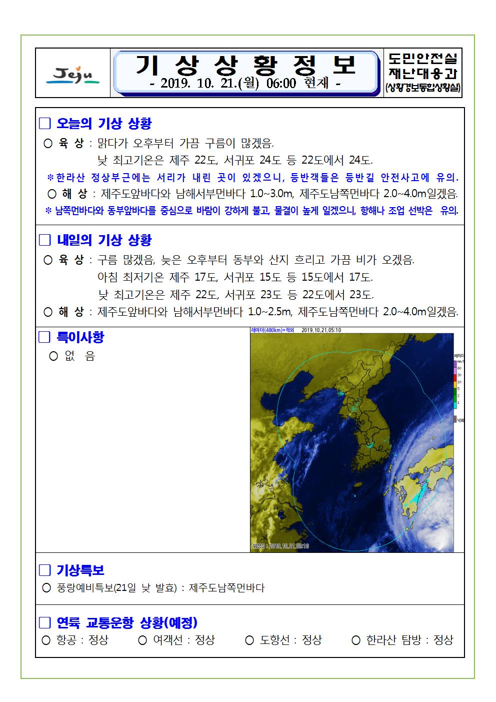 기상상황 정보 2019.10.21. 월요일 