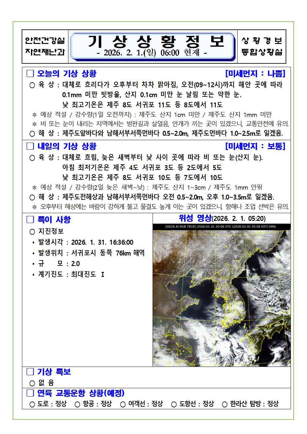 기상상황 2026. 2. 1. 일요일 