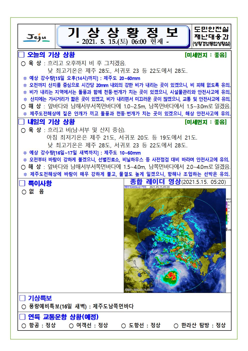 기상상황 2021. 5. 15. 토요일 