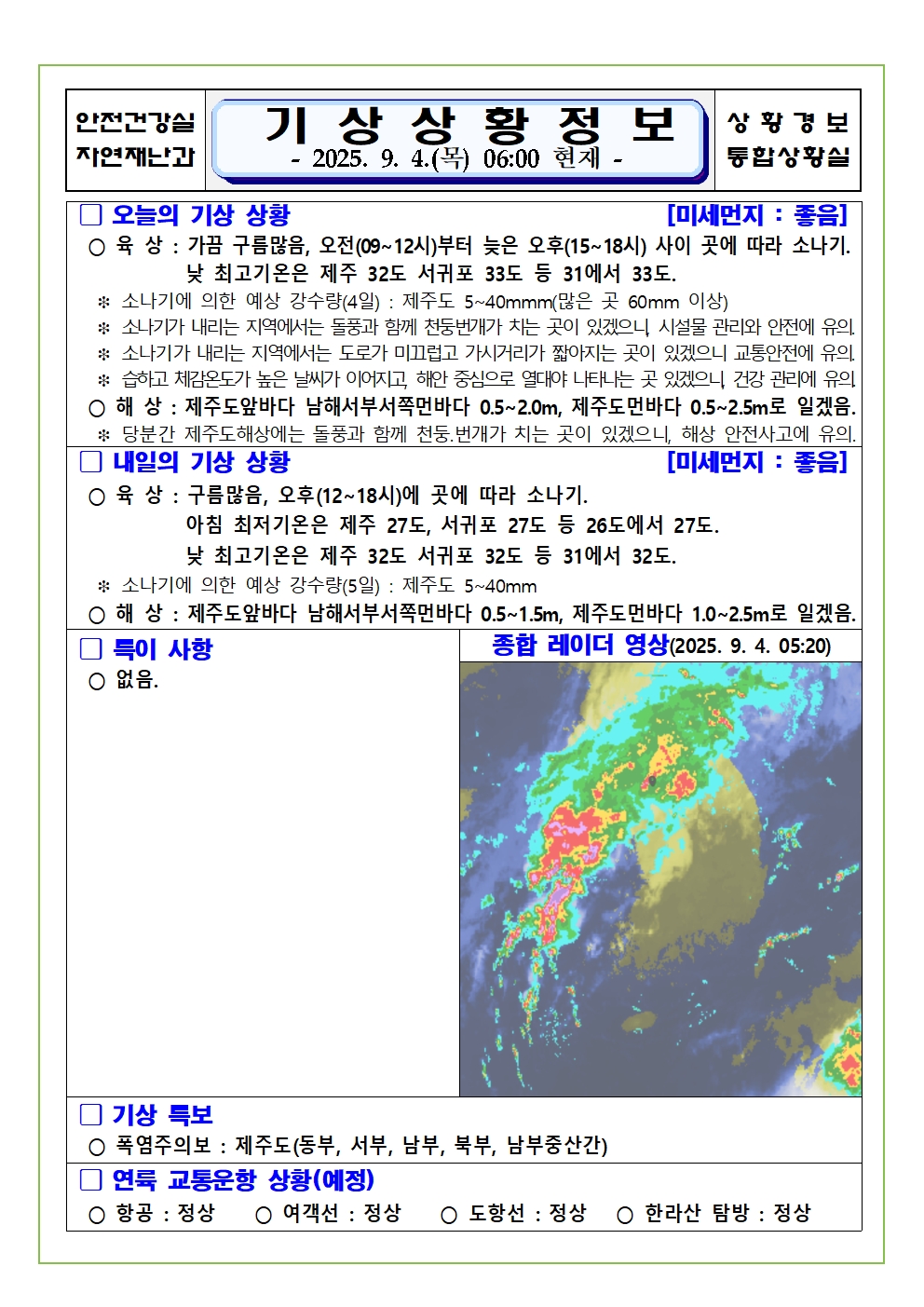 기상상황 2025. 9. 4. 목요일 