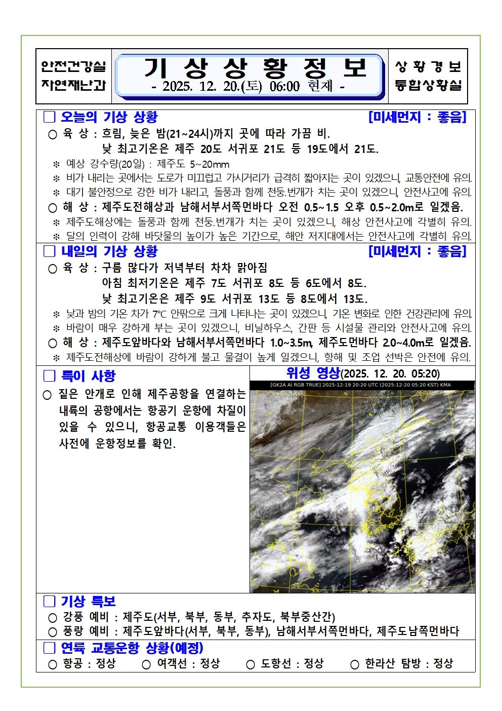 기상상황 2025. 12. 20. 토요일