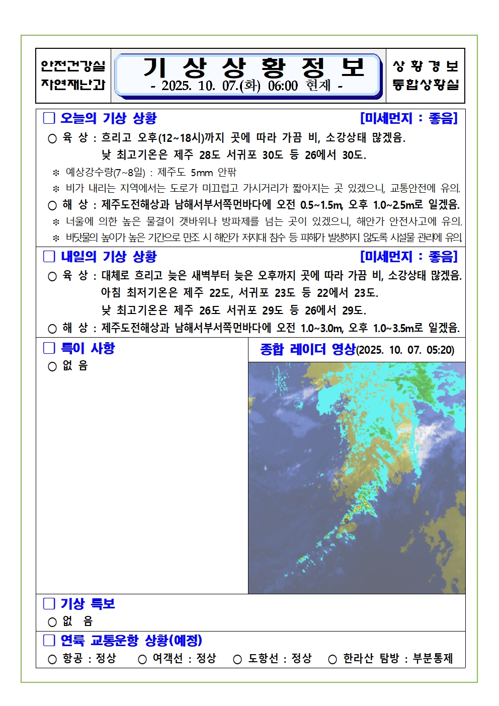 기상상황 2025. 10. 7. 화요일