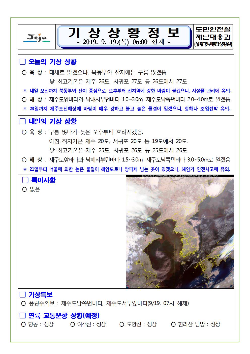 기상상황 정보 2019.9.19. 목요일 