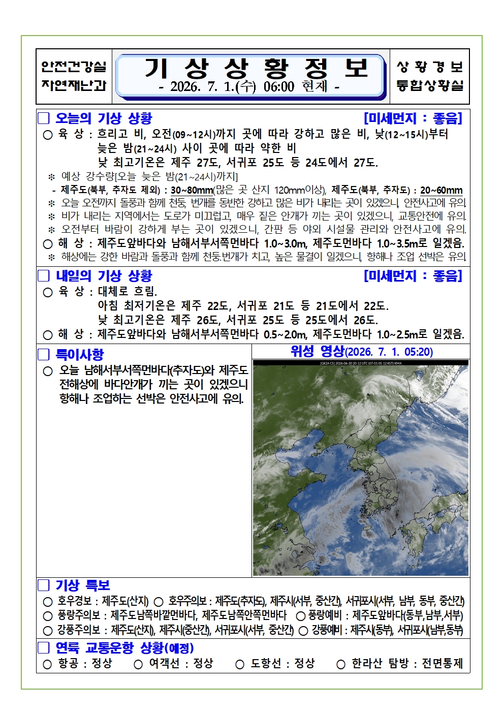 기상상황 2026. 7. 1. 수요일
